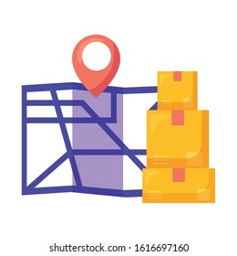 logistic delivery service with paper map and boxes vector illustration design