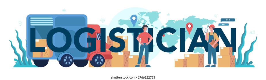 Concepto de encabezado tipográfico de servicios de logística y entrega. Idea de transporte y distribución. Cargador de uniforme que entrega una carga. concepto de servicio de transporte. Ilustración plana aislada
