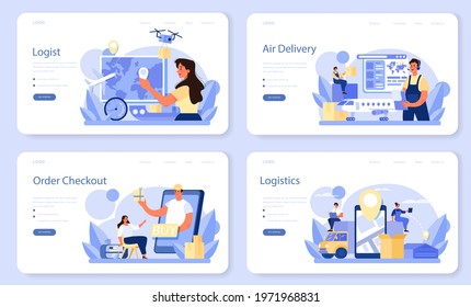 Logistic and delivery service web banner or landing page set. Idea of transportation and distribution. Loader in uniform delivering a cargo. Transportation service concept. Isolated flat illustration