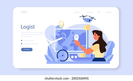 Logistik- und Lieferservice Web-Banner oder Landing-Seite. Idee von Transport und Vertrieb. Lader in Uniform Lieferung einer Ladung. Verkehrsdienstkonzept. Einzige flache Abbildung