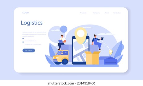 Banner web o página de inicio del servicio de logística y entrega. Idea de transporte y distribución. Cargador de uniforme que entrega una carga. concepto de servicio de transporte. Ilustración plana aislada