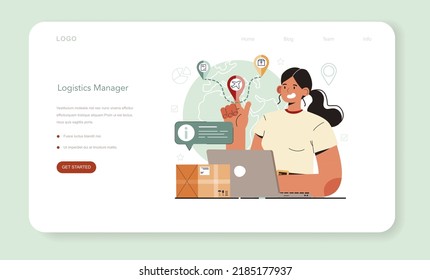 Logistic and delivery service web banner or landing page. Transportation and distribution, warehousing service. Loader in uniform delivering a cargo. Flat vector illustration