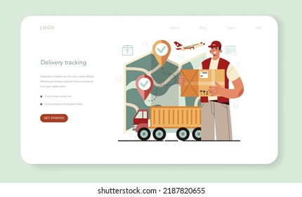 Logistic and delivery service web banner or landing page. Transportation and distribution, warehousing service. Loader in uniform delivering a cargo. Flat vector illustration