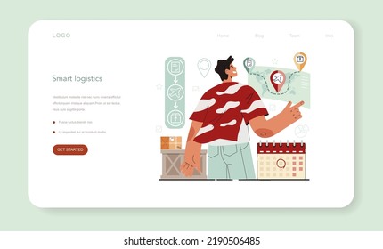 Logistic and delivery service web banner or landing page. Transportation and distribution, warehousing service. Loader in uniform delivering a cargo. Flat vector illustration