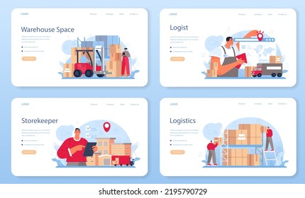 Logistic and delivery service web banner or landing page set. Idea of transportation and distribution, warehousing service. Loader in uniform delivering a cargo. Flat vector illustration