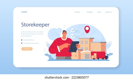 Logistic and delivery service web banner or landing page. Idea of transportation and distribution, warehousing service. Loader in uniform delivering a cargo. Flat vector illustration