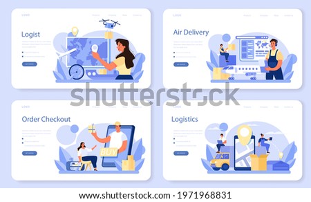 Logistic and delivery service web banner or landing page set. Idea of transportation and distribution. Loader in uniform delivering a cargo. Transportation service concept. Isolated flat illustration