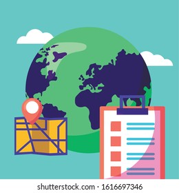 logistic delivery service with world planet and checklist vector illustration design