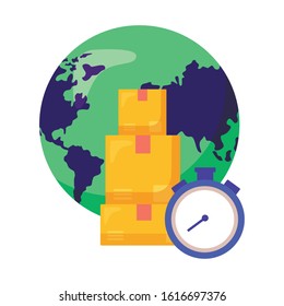 logistic delivery service with world planet and chronometer vector illustration design