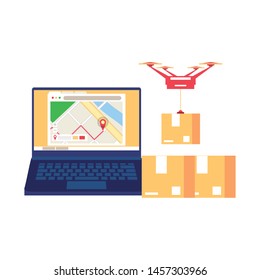 logistic and delivery shipping with drone technology transport and web tracing by gps location cartoon vector illustration graphic design