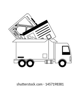 logistic and delivery shipping with truck carrying merchandise and gps location tracing cartoon vector illustration graphic design