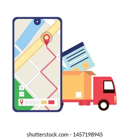 logistic and delivery shipping with truck carrying merchandise and gps location tracing cartoon vector illustration graphic design