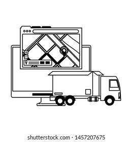 logistic and delivery shipping with truck carrying merchandise and gps location tracing cartoon vector illustration graphic design