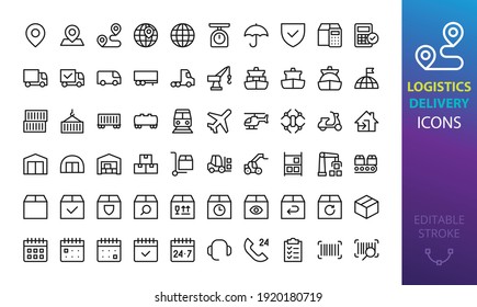 Conjunto de iconos de logística, entrega y almacén aislado. Juego de alfileres de mapa, camino, seguro de carga, contenedor, paquete de seguimiento, robot de almacén, carretilla elevadora, grúa de puerto, cajas, icono de vector de transporte