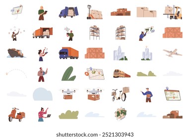 Logística, entrega y almacén icono aislado. Conjunto de transporte, marca en el mapa, camino, carga, contenedor, paquete de seguimiento, robot de almacén, carretilla elevadora, grúa portuaria, cajas, icono de Vector de transporte