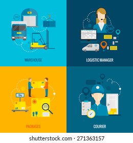 Logistic design concept set with warehouse manager and courier flat icons isolated vector illustration