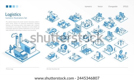 Logistic, distribution business Isometric illustrations set. Busy people teamwork 3d supply chain scenes. Men, women work team. Vector Infographic, presentation design. Transport, factory icon concept