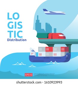 logistic distribution cargo service concept. global delivery worldwide import export shipping banner for web landing page, presentation, social, poster or print media illustration