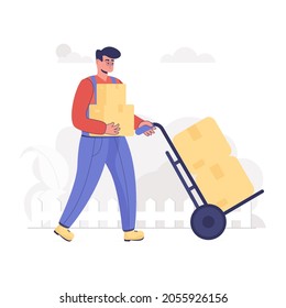 Carro de distribución logística, carrito de puré con parcelas de vector plano 