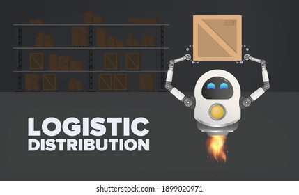 Logistische Verteilung. Der fliegende Roboter nimmt die Kiste auf. Grosses Lagerhaus mit Paletten, Holz- und Pappschachteln. Vektorgrafik 