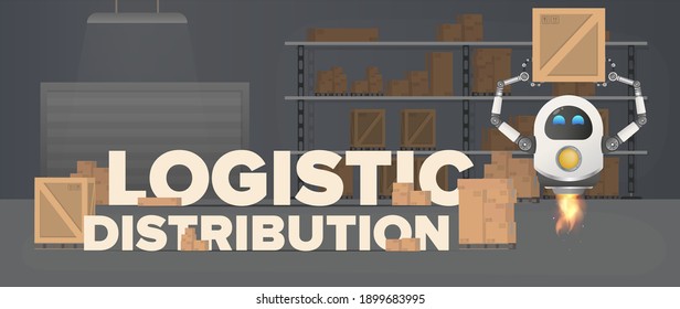 Logistic distribution. The flying robot picks up the box. Large warehouse with pallets, wooden and cardboard boxes. Vector illustration.