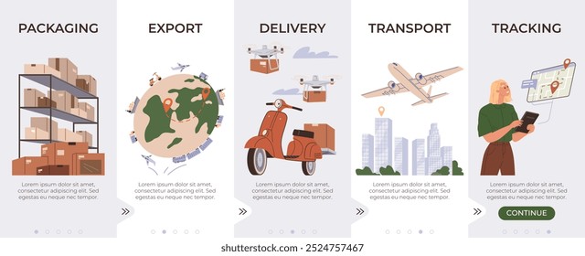 Conjunto de Plantillas de página de destino de distribución logística. Buen comercio y logística, entrega internacional. Embalaje, exportación, transporte, seguimiento. Almacenamiento, transporte y gestión de inventario