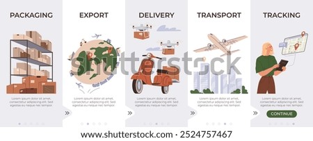 Logistic distribution landing page template set. Good trade and logistics, international delivery. Packaging, export, transport, tracking. Warehousing, transportation, and inventory management