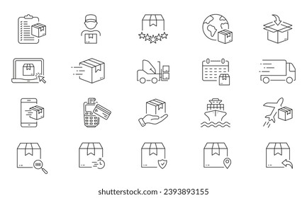 Logistic and Distribution Line Icon Set. Cargo Delivery Sign. Parcel Box Transportation Linear Pictogram. International Merchandise Outline Symbol. Editable Stroke. Isolated Vector Illustration.