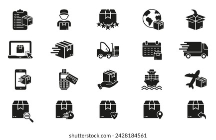 Logistic and Distribution Silhouette Icon Set. Cargo Delivery Glyph Pictogram. International Merchandise Solid Sign. Parcel Box Transportation Symbol Collection. Isolated Vector Illustration.