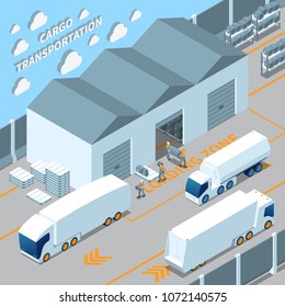 Logistic Electric Vehicles, Cargo Transportation Isometric Composition With Warehouse, Loading Freight In Truck Vector Illustration 