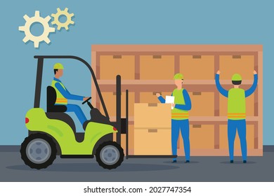 Logistic export import vector concept: Group of male worker working in warehouse together while driving forklift