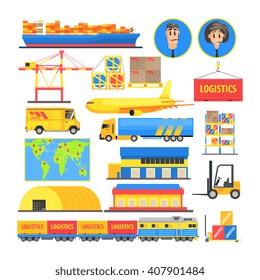 Logistic Flat Vector Drawn Elements and Transportations Colorful Infographic On White Background