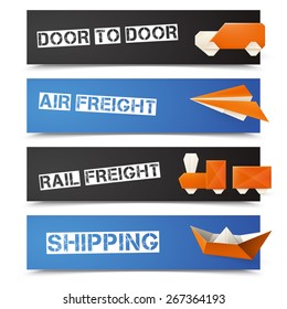 Logistic and freight banners horizontal set with origami transport isolated vector illustration