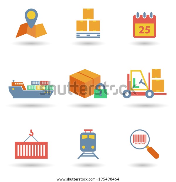 Logistic freight service flat icons set of\
cargo ship train isolated vector\
illustration