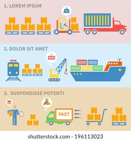 Logistic freight service labels icons set of cargo ship train isolated vector illustration