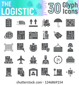 Logistic glyph icon set, delivery symbols collection, vector sketches, logo illustrations, shipping signs solid pictograms package isolated on white background, eps 10.