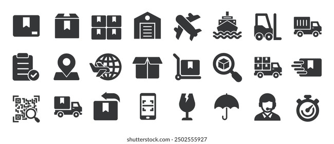 Glifo logístico colección de iconos sólidos. Contiene contenido de entrega, envío, carga, distribución. Icono mínimo y Ilustración vectorial de la serie de símbolos