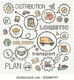 Logistic hand draw integrated color icons set. Vector sketch infographic illustration with line connected doodle hatch pictograms on paper: distribution, shipping, transport, services concepts