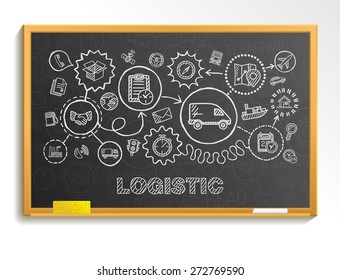 Logistic hand draw integrated icons set on school board. Vector sketch infographic illustration. Connected doodle pictogram: distribution, shipping, transport, services, container interactive concepts