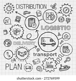 Logistic hand draw integrated icons set. Vector sketch infographic illustration with line connected doodle hatch pictograms on paper: distribution, shipping, transport, services, container concepts