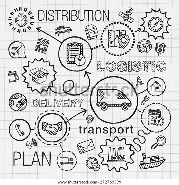 Logistic hand draw integrated icons set. Vector\
sketch infographic illustration with line connected doodle hatch\
pictograms on paper: distribution, shipping, transport, services,\
container concepts