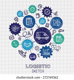 Logistic hand drawing hatch icons. Vector doodle integration pictogram set. Sketch sign connection illustration on paper: delivery, service, shipping, distribution, transport, communicate concepts