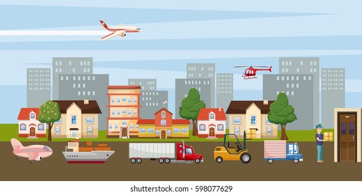Logistic horizontal banner city concept. Cartoon illustration of logistic vector horizontal city banner for web