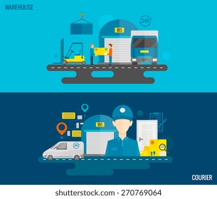 Logistic horizontal banner set with warehouse and courier flat elements isolated vector illustration