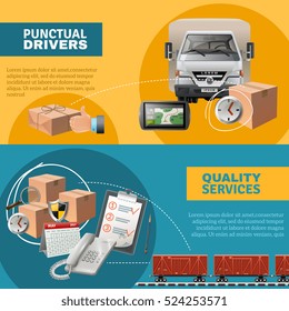 Banners logísticos horizontales con cajas de coche paquetes navegador teléfono portapapeles ferroviario ilustración vectorial 