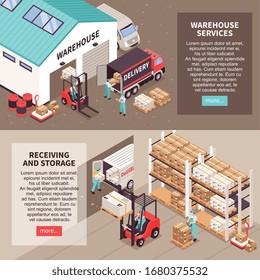 Logistic horizontal banners with warehouse services receiving and storage isometric compositions vector illustration