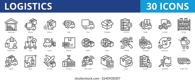 Logistic icon pack collection set with warehouse, shipping, delivery, cargo, packaging, inventory, freight, transport, storage, supply chain, import, export, tracking, procurement, order fulfilment