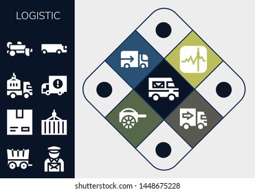 logistic icon set. 13 filled logistic icons.  Collection Of - Delivery truck, Carriage, Postman, Cardboard, Container, Trailer, Cargo truck, Stocks, Lorry