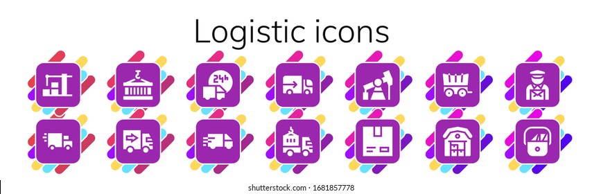 conjunto de iconos logísticos. 14 iconos logísticos rellenos. Almacén incluido, coche de entrega, Contenedor, Coche, gato de bomba, cartón, portadora, iconos de Postman