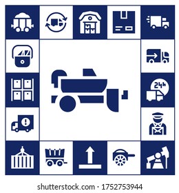 logistisches Icon-Set. 17 gefüllte logistische Symbole.  Einfache, moderne Symbole wie: Beförderung, Postman, Lagerhaus, Anhänger, Lastwagen, Container, Auf- und Abfahrt, Pappe, Pump-Buchse